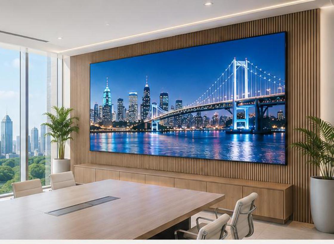 Painel de LED corporativo em sala de reunião