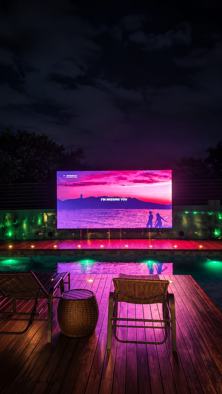 Cinema a céu aberto com painel de LED à beira da piscina