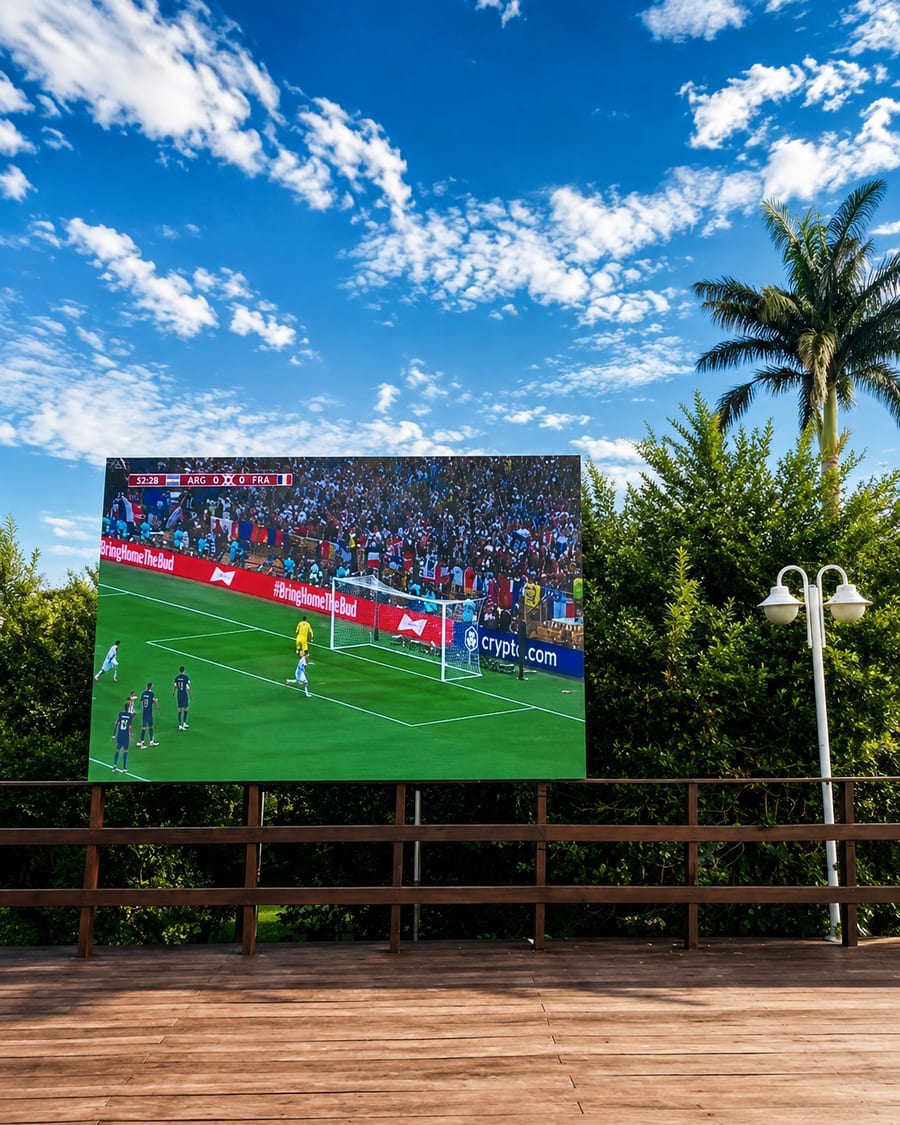 Telão de LED exibindo futebol na área externa