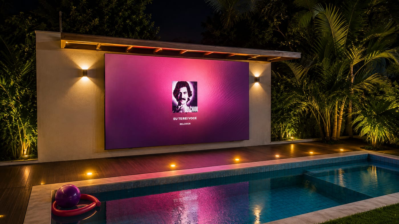 Painel de LED em área gourmet à noite